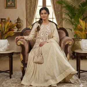 Kharatis ivory embroidered skirt set with long jacket top and organza dupatta for women