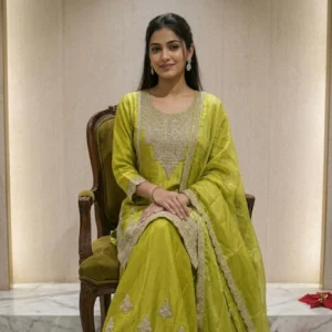 Lime green silk sharara suit with zari embroidery for women