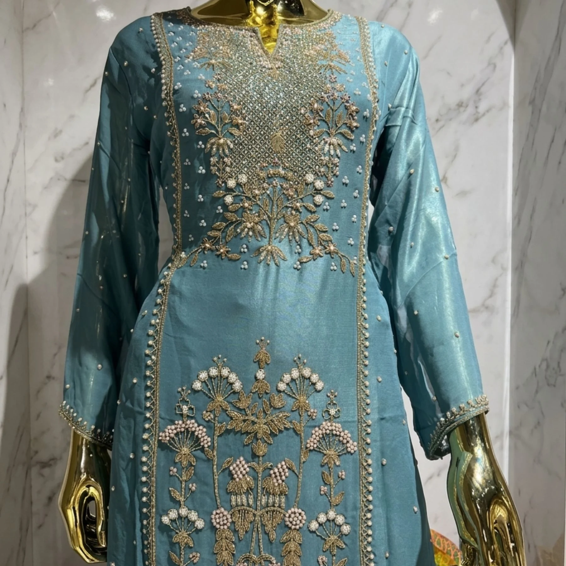 Kharatis Teal Georgette Long Kurti with Skirt Set | Pearl & Resham Work