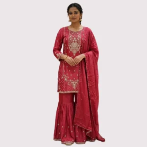 Coral pink garara suit with pearl and stone work for women