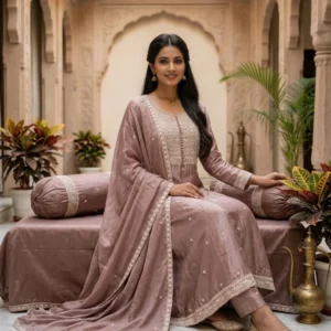 Dusty rose chinnon one piece dress with white pearl embroidery for women