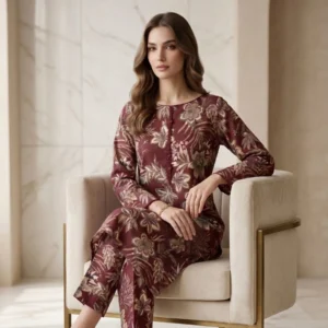 Maroon floral printed cotton crush straight suit set for women