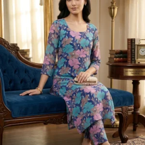 Kharatis blue floral viscose georgette straight suit set for women