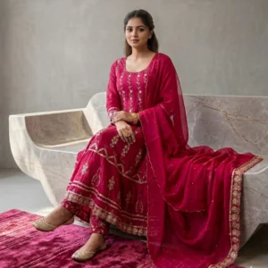 Kharatis rani pink georgette kurti with skirt set featuring pearl and resham embroidery for women