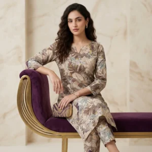 Kharatis beige floral cambric slub cotton straight suit set for women