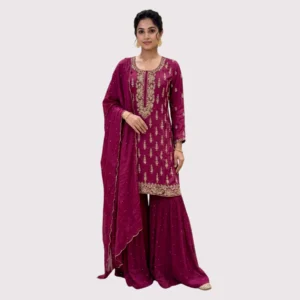 Kharatis wine chinnon kurti garara set with tilla and dabka embroidery for women