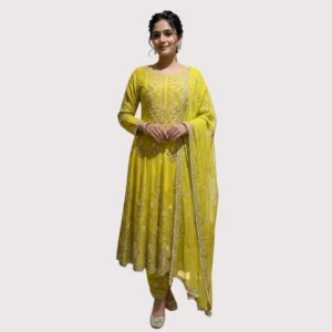Kharatis mustard yellow georgette kurti with skirt set featuring pearl and resham embroidery for women