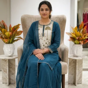 Teal blue georgette palazzo suit with gold zardosi and beads work for women
