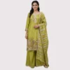 Lime green shimmer suit with pearl work and dola dupatta for women