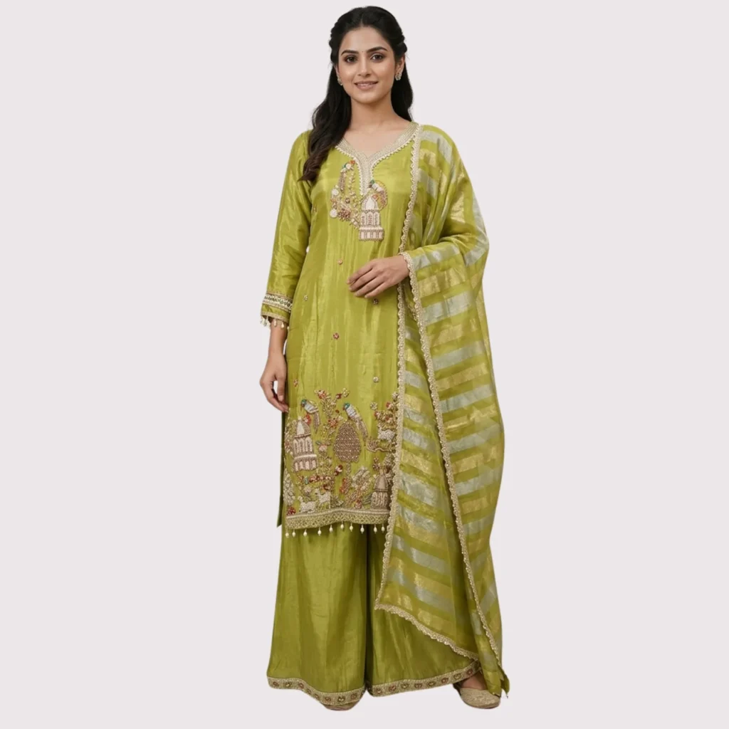 Lime green shimmer suit with pearl work and dola dupatta for women