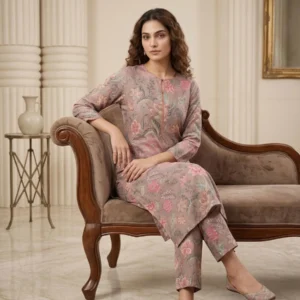 Blush floral printed Mal cotton straight suit set for women