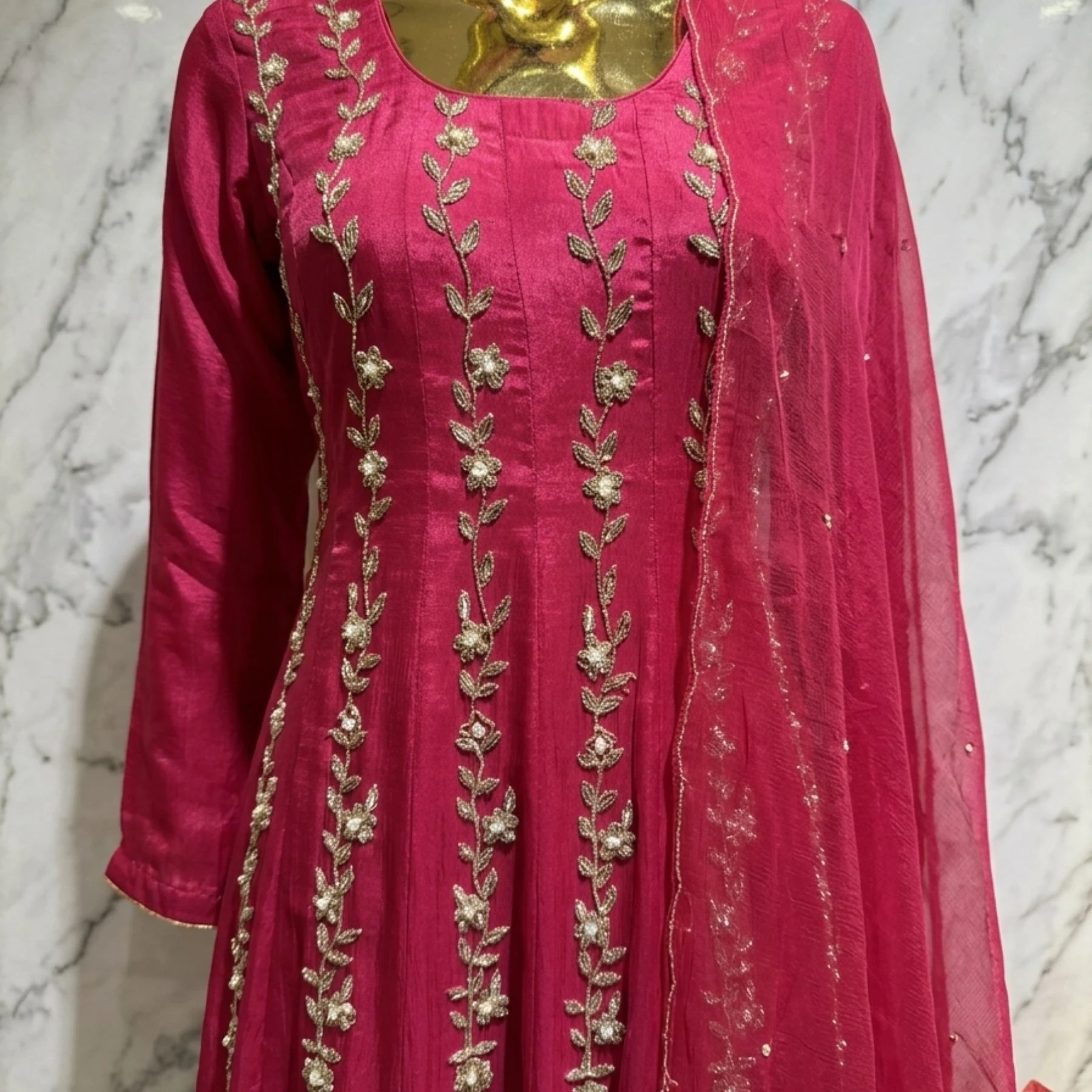 Kharatis rani pink georgette kurti with skirt set featuring pearl and resham embroidery for women
