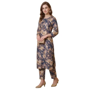 Blue floral printed cotton kazo straight suit set for women