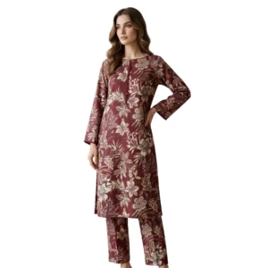 Maroon floral printed cotton crush straight suit set for women