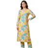 Kharatis yellow blue floral viscose georgette straight suit set for women