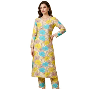 Kharatis yellow blue floral viscose georgette straight suit set for women