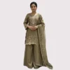 Golden shimmer tissue suit with multicolour thread embroidery for women