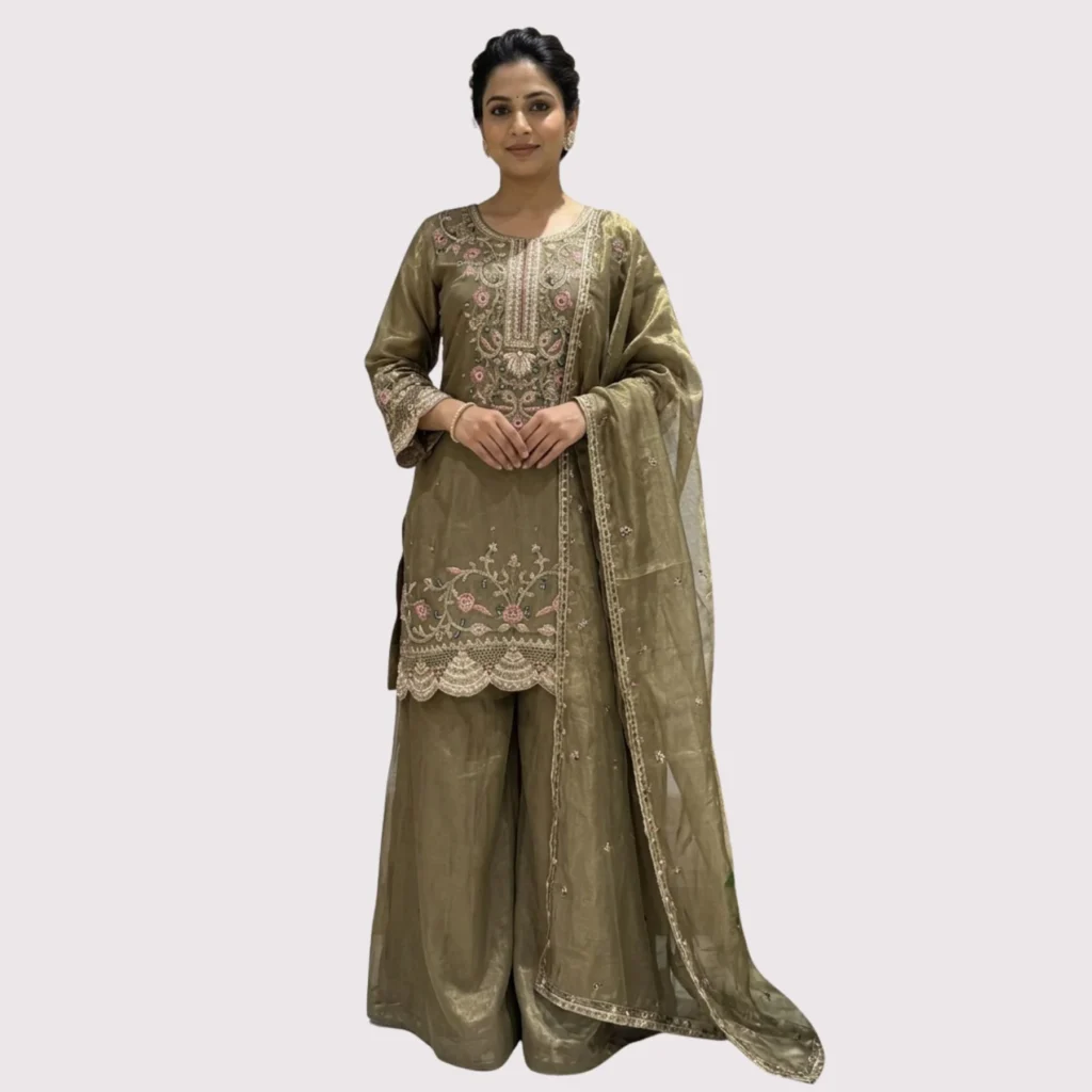 Golden shimmer tissue suit with multicolour thread embroidery for women