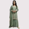Coral pink chinnon suit with hand sippy and cut pipe embroidery for women