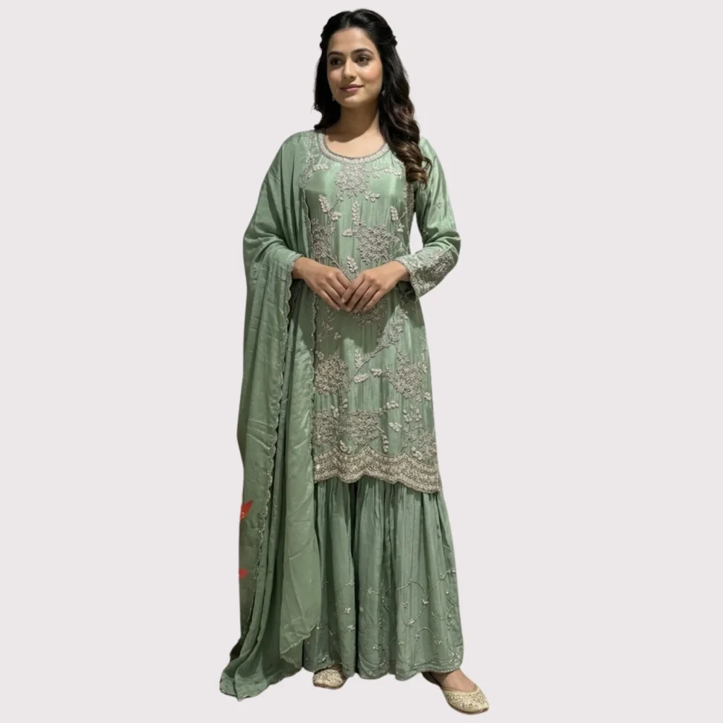 Coral pink chinnon suit with hand sippy and cut pipe embroidery for women