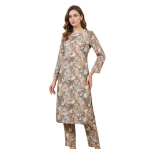 beige floral cotton unstitched suit fabric