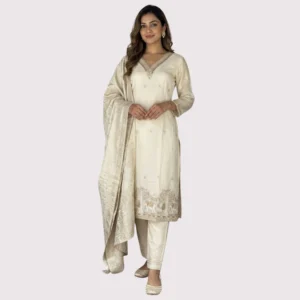 Kharatis ivory shimmer kurta set with Banarasi dupatta and antique thread work for women
