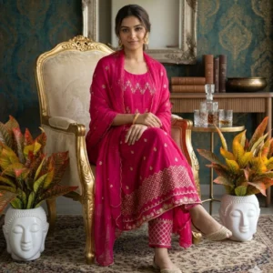Hot pink georgette Anarkali suit with pearl and sitara embroidery for women