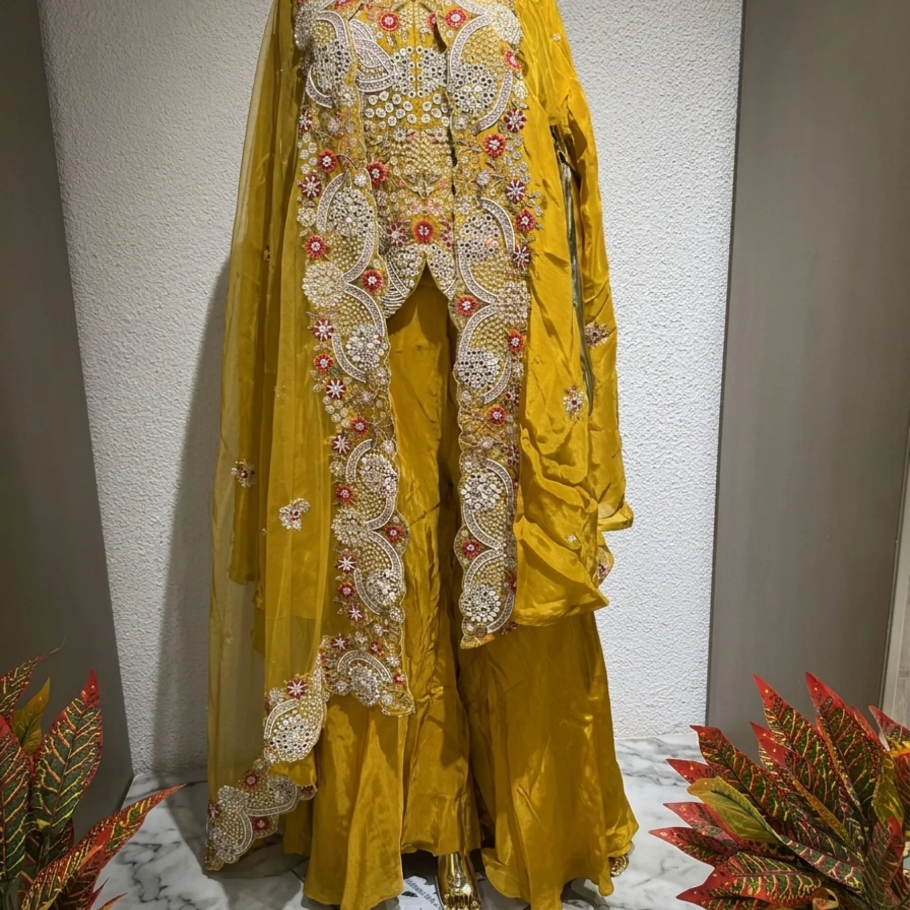 Mustard yellow designer sharara suit with heavy pearl and multicolour embroidery for women
