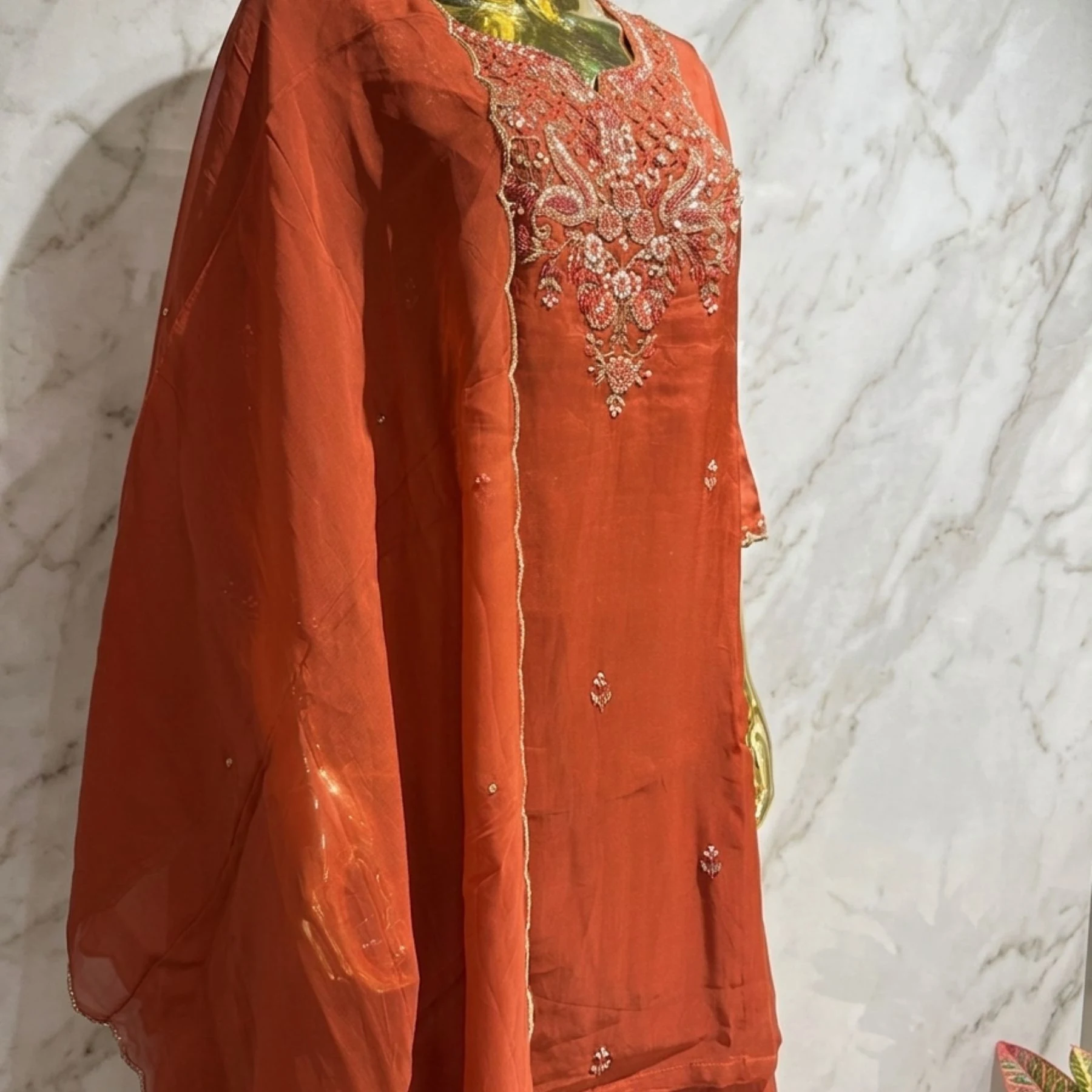 Rust orange organza straight suit with golden pipe work and farshi bottom for women