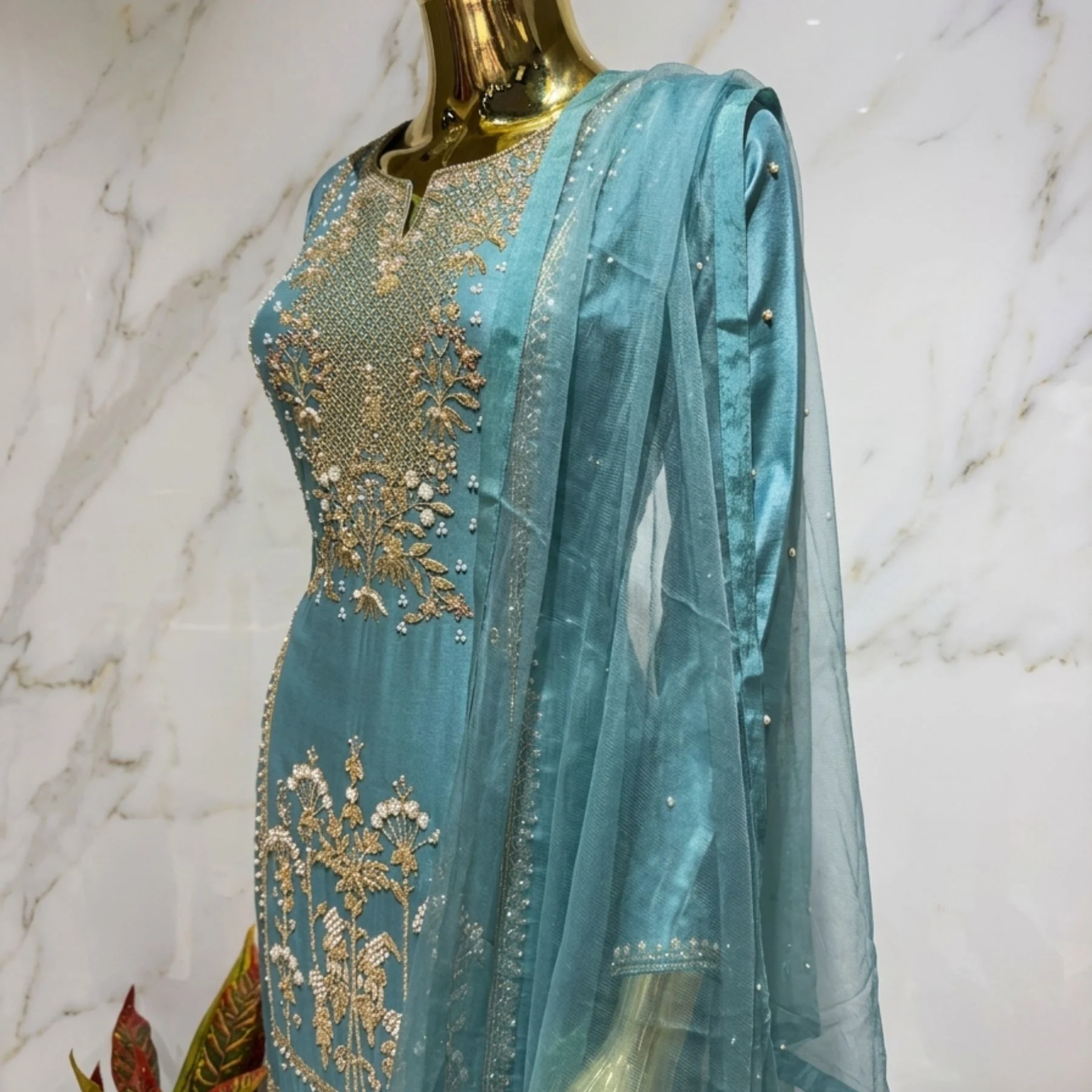 Kharatis Teal Georgette Long Kurti with Skirt Set | Pearl & Resham Work