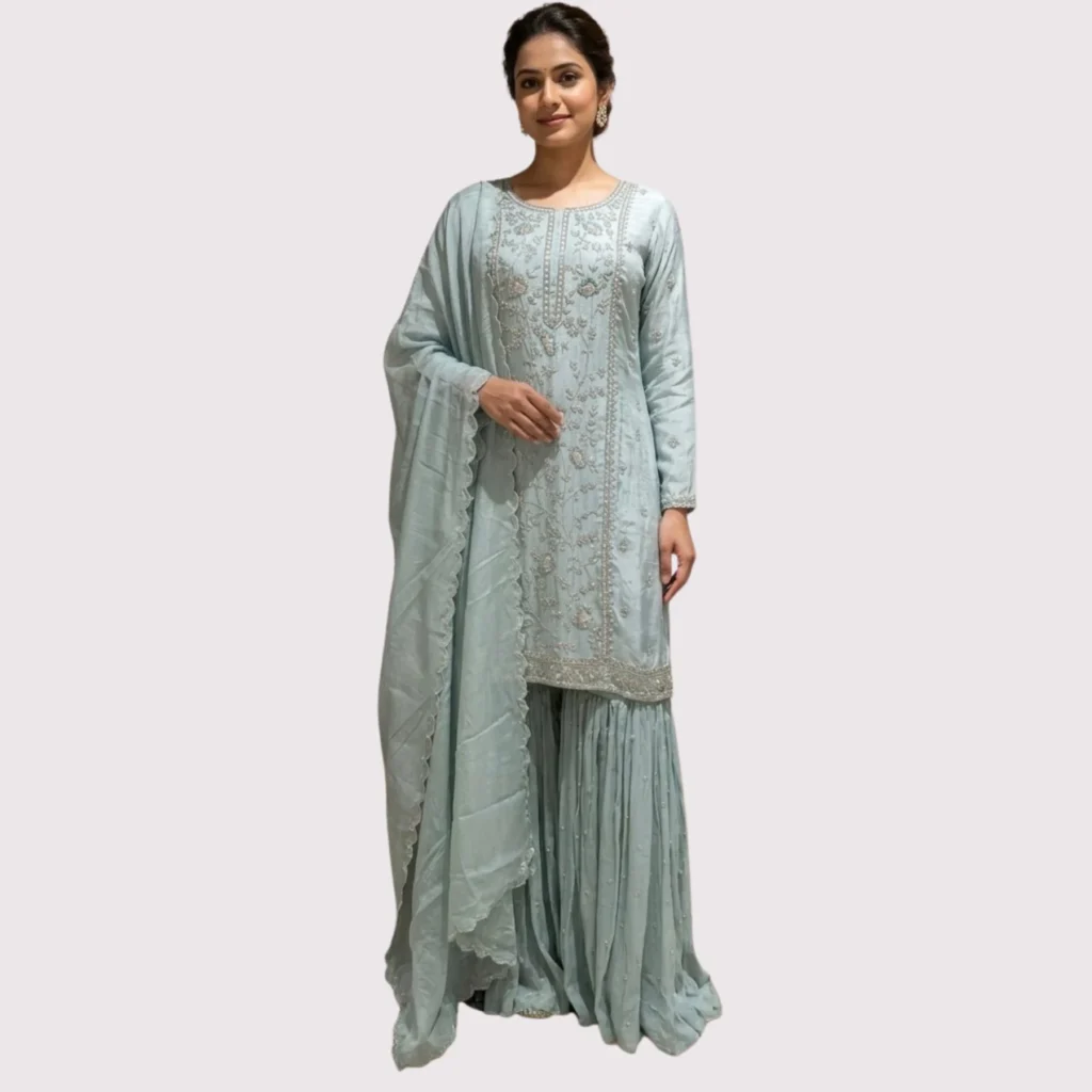 Soft blue chinnon garara suit with antique embroidery for women