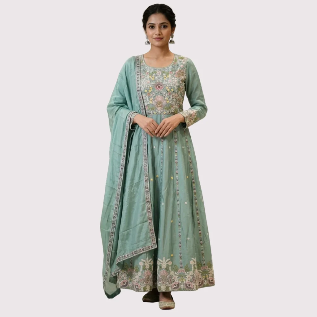 Kharatis sage green chinnon Anarkali suit with thread and pearl embroidery for women