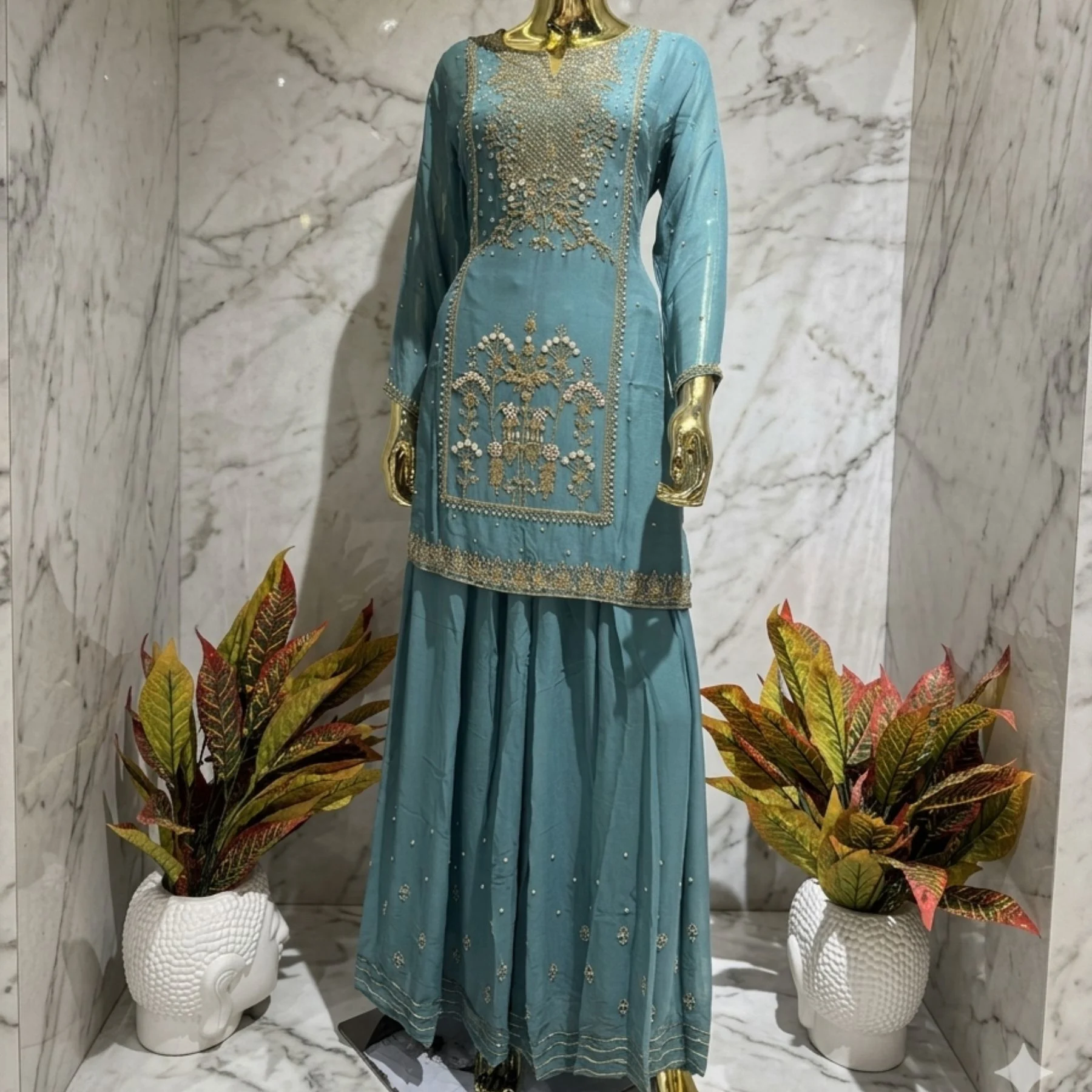 Kharatis Teal Georgette Long Kurti with Skirt Set | Pearl & Resham Work