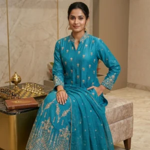 Kharatis teal blue georgette Anarkali suit with tarni embroidery and dupatta for women