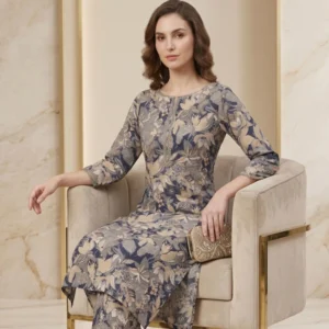 Grey floral printed cotton crush straight suit set for women
