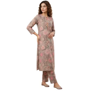 Blush floral printed Mal cotton straight suit set for women