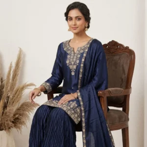 Navy blue satin sharara suit with pearl and thread embroidery for women