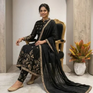 Kharatis Black Georgette Anarkali Suit Set with Palazzo & Pearl Work