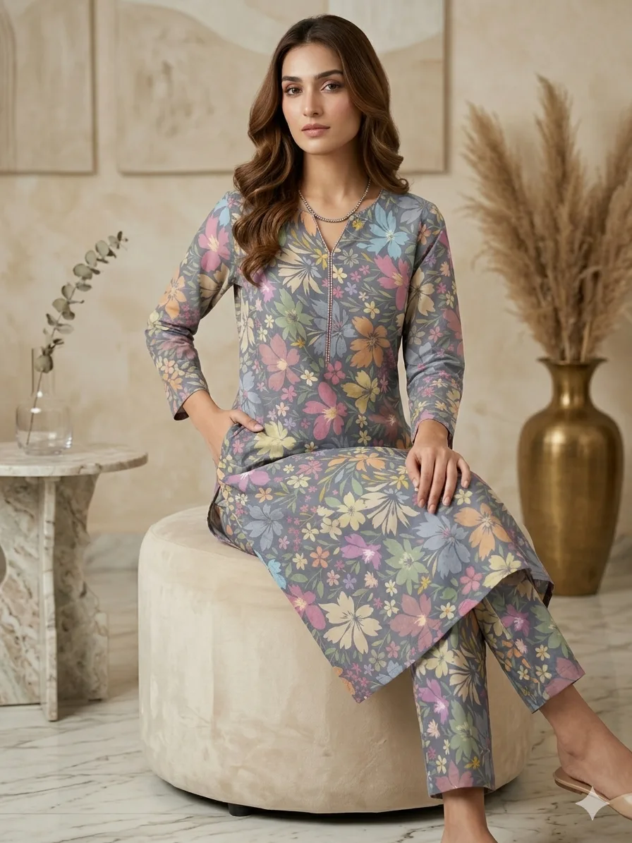 grey multicolor floral italian cotton suit fabric