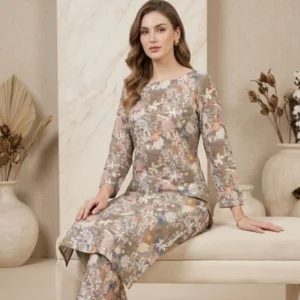 beige floral cotton unstitched suit fabric