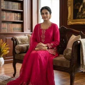 Kharatis hot pink georgette kurti skirt set with gold zari floral embroidery for women