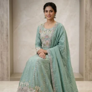 Kharatis sage green chinnon Anarkali suit with thread and pearl embroidery for women