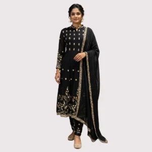 Kharatis Black Georgette Anarkali Suit Set with Palazzo & Pearl Work