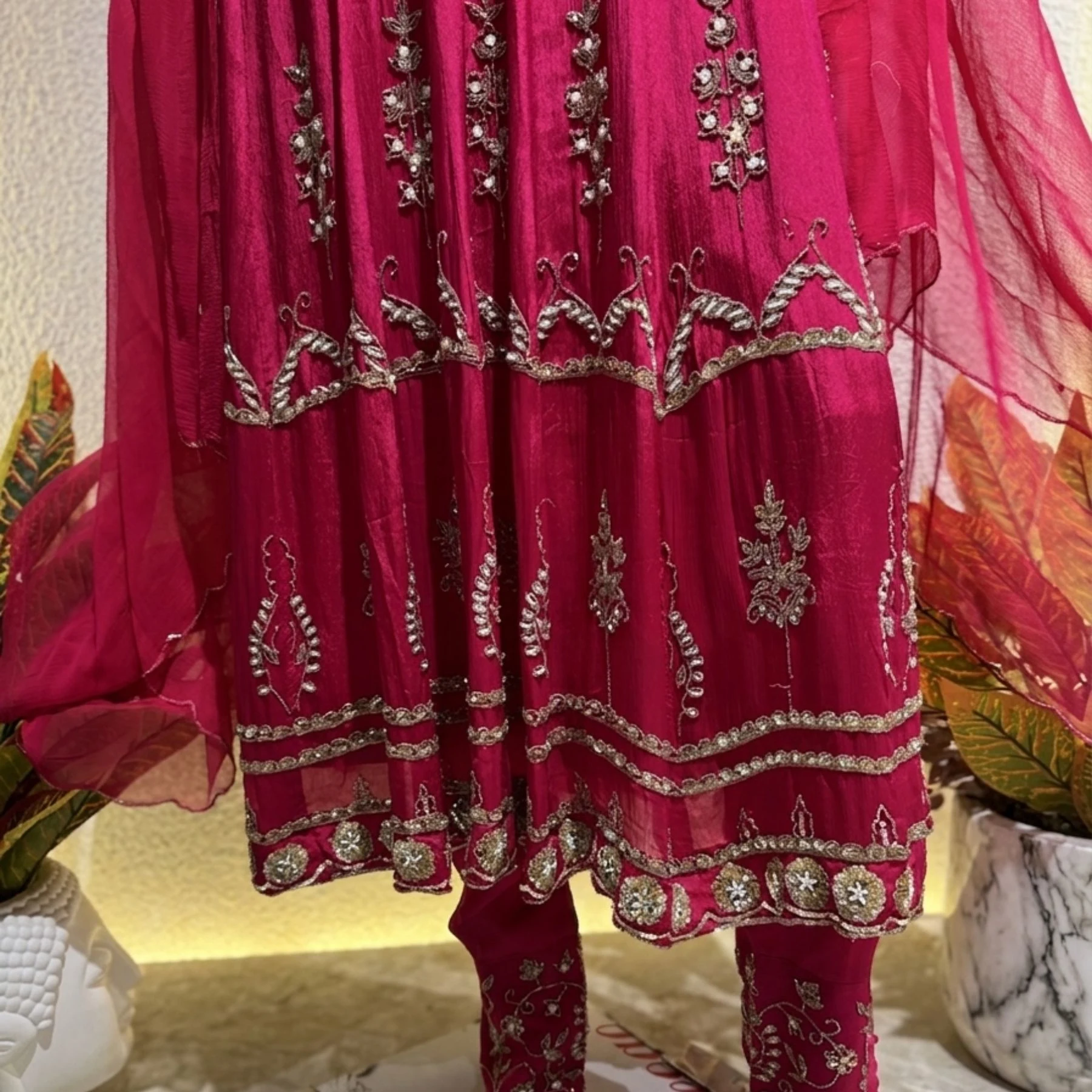 Kharatis rani pink georgette kurti with skirt set featuring pearl and resham embroidery for women