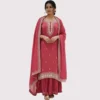 Coral pink chinnon suit with hand sippy and cut pipe embroidery for women
