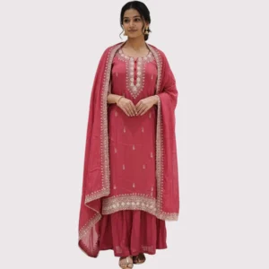 Coral pink chinnon suit with hand sippy and cut pipe embroidery for women