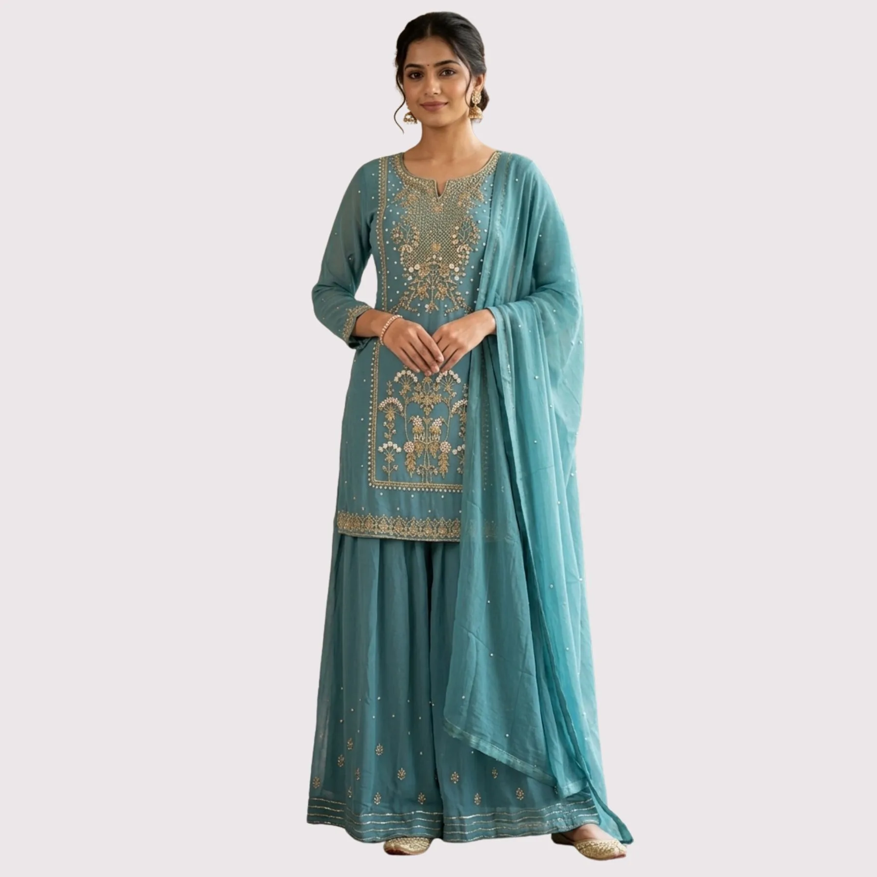 Kharatis Teal Georgette Long Kurti with Skirt Set | Pearl & Resham Work