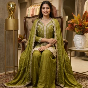 Olive green chinnon garara suit with sippy and beads work for women