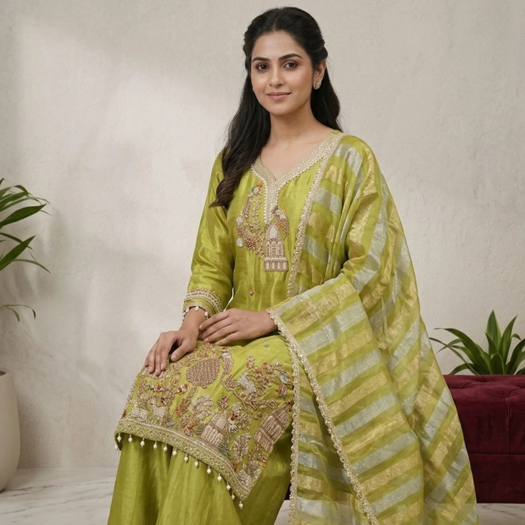 Lime green shimmer suit with pearl work and dola dupatta for women