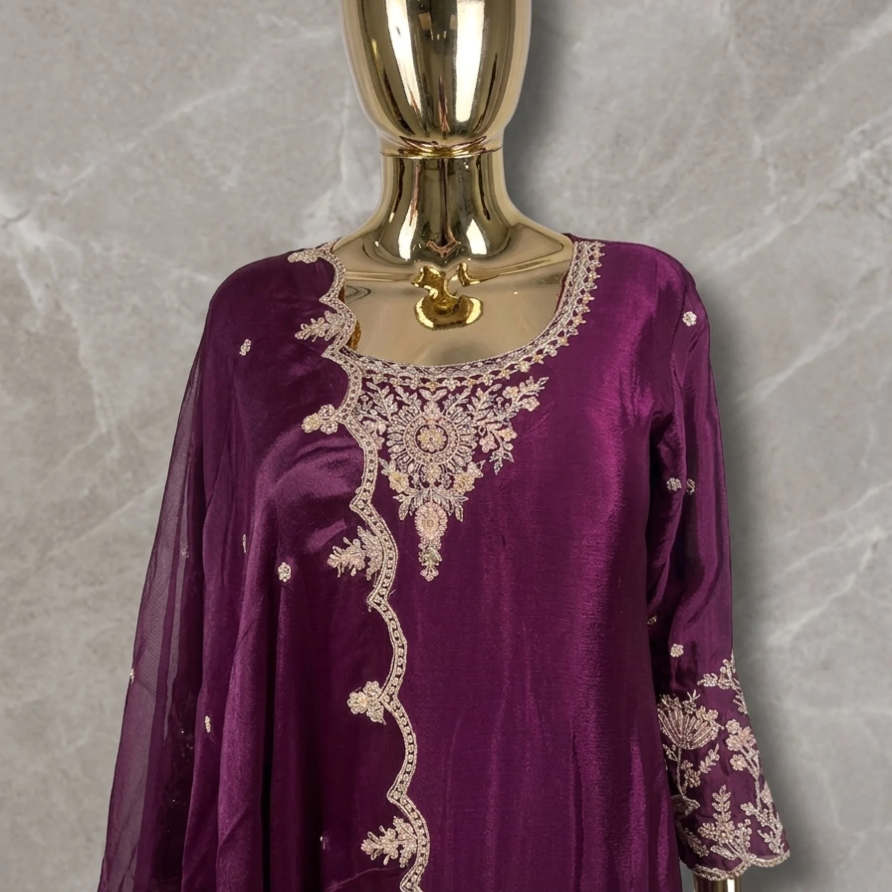 Wine purple chinnon sharara suit with pearl embroidery and cutwork dupatta for women
